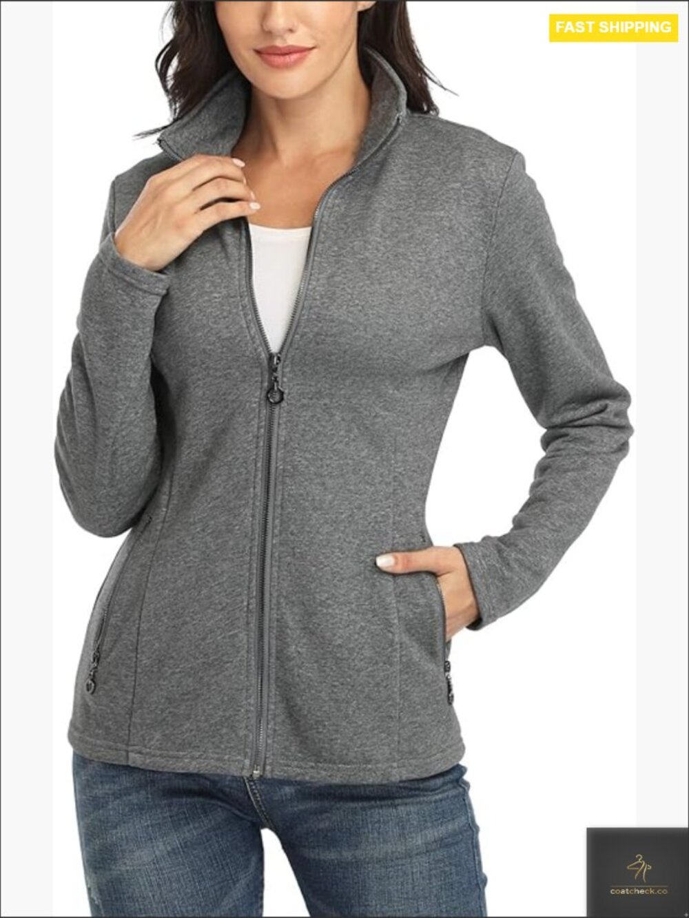 Full Zip Stand Collar Sweatshirt Jacket Slim Fit Cotton Lightweight with Pockets